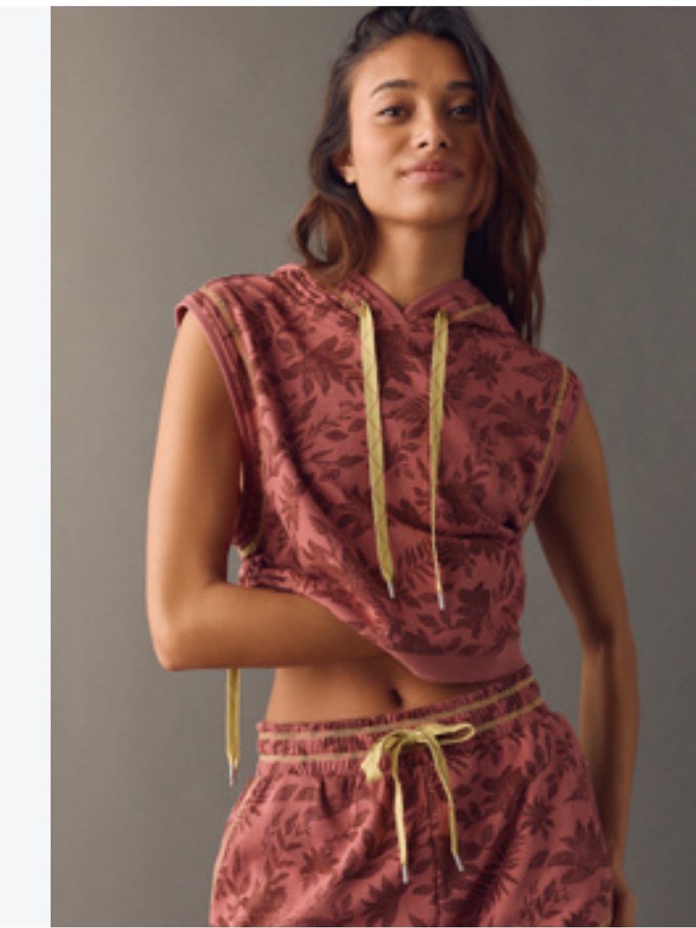 Daily Practice Cropped Floral Hoodie Tank in Rust with Yellow Drawcords